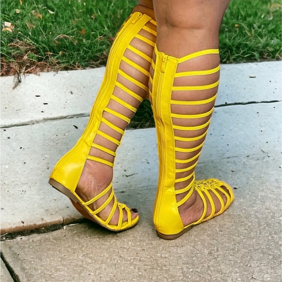 Yellow tall calf high lace up strappy elastic gladiator flat sandals sz 11. - Picture 3 of 7